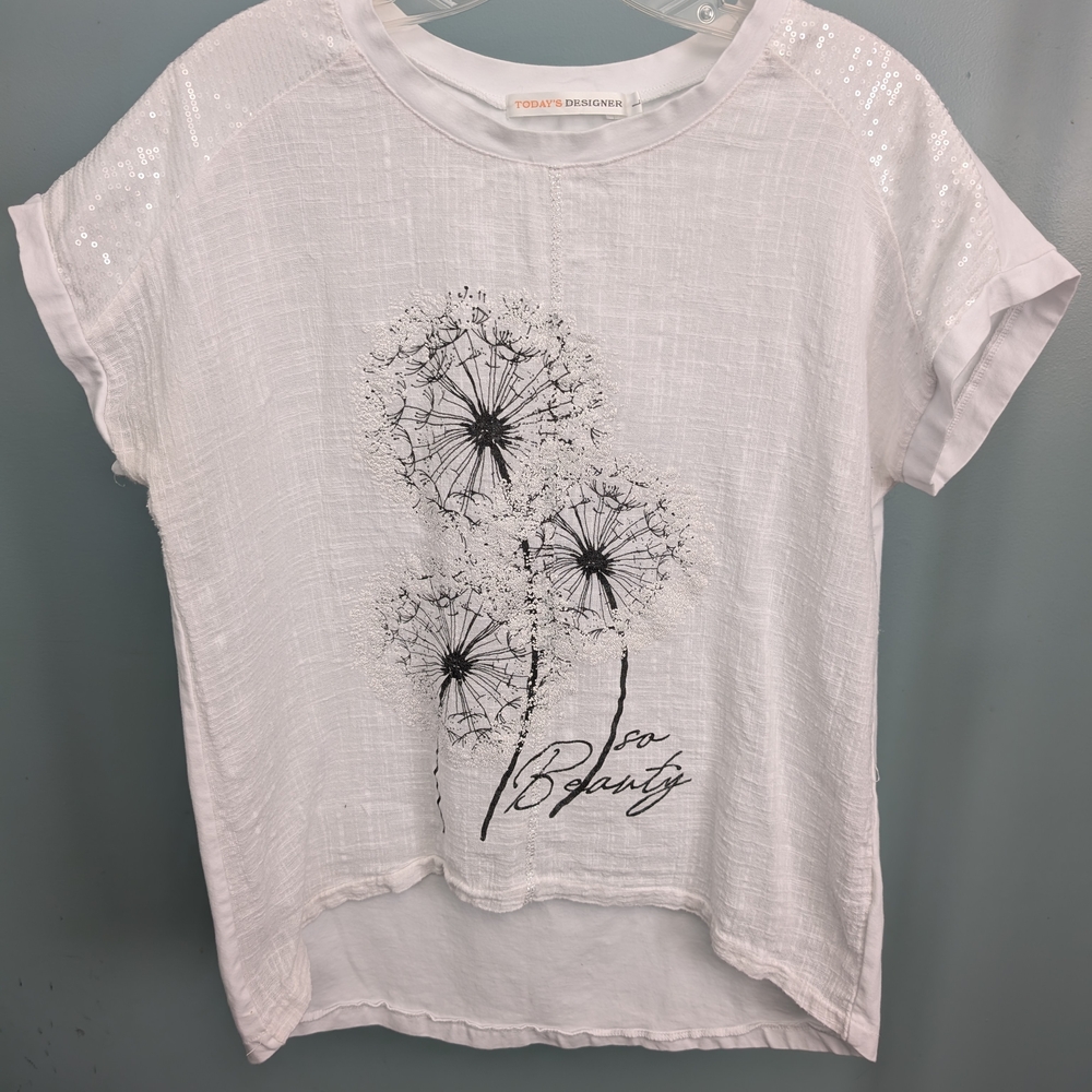 White Graphic T-Shirt with Dandelion Design